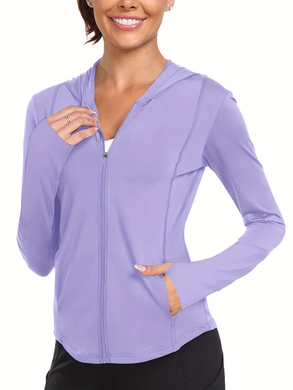 Women's Full-Zip Long Sleeve Sport Shirt with Thumbhole Design - Moisture-Wicking Protection Yoga Running Top, Light Blue All-Season Machine Washable Activewear, Running Shirt | Sporty Look | Stretchable Fabric Beauty World Shop