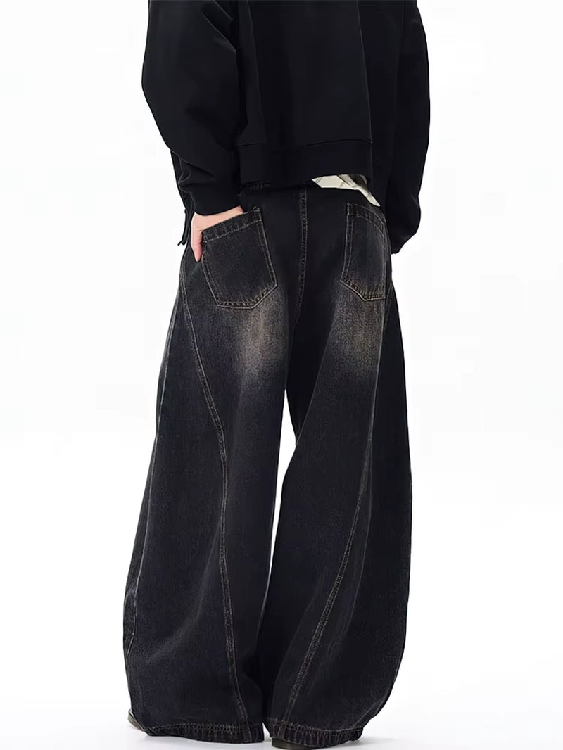 Vintage Black Washed Baggy Jeans Pants Men Wide Leg Curved Blade Pants Streetwear Cowboy Casual Denim Straight Trousers
