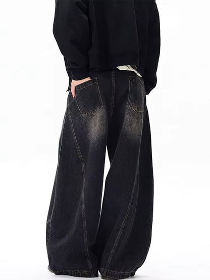 Vintage Black Washed Baggy Jeans Pants Men Wide Leg Curved Blade Pants Streetwear Cowboy Casual Denim Straight Trousers