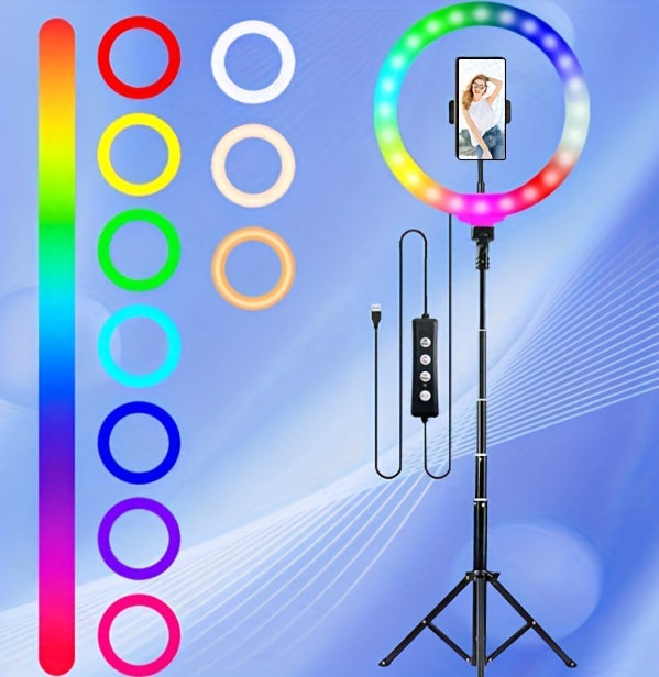 1pc 10" Ring Light With Stand 62'' Tall & Phone Holder, 38 Color Modes Selfie Ring Light With Tripod Stand, Stepless Dimmable/Speed LED Ring Light Beauty Fashion