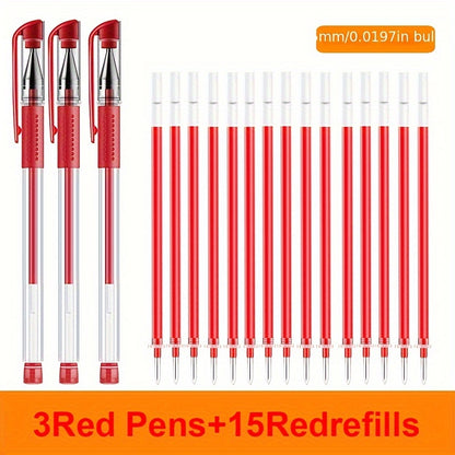 18pcs (3 Pens + 15 Refills) Gel Pen Set School Supplies Black Blue Red Ink Color 0.5Mm Ballpoint Pen Kawaii Pen Student School Office Stationery Beauty Fashion