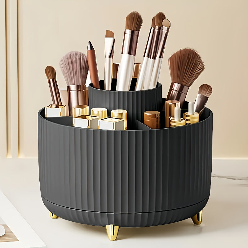 360° Rotating Makeup Organizer - 1pc Plastic Cosmetic Storage with 5 Compartments - Multi-Functional Holder for Brushes, Lipsticks, Skin Care Products, and Stationery - Durable Unscented Desk Caddy with Luxury Stripe Design Beauty Fashion