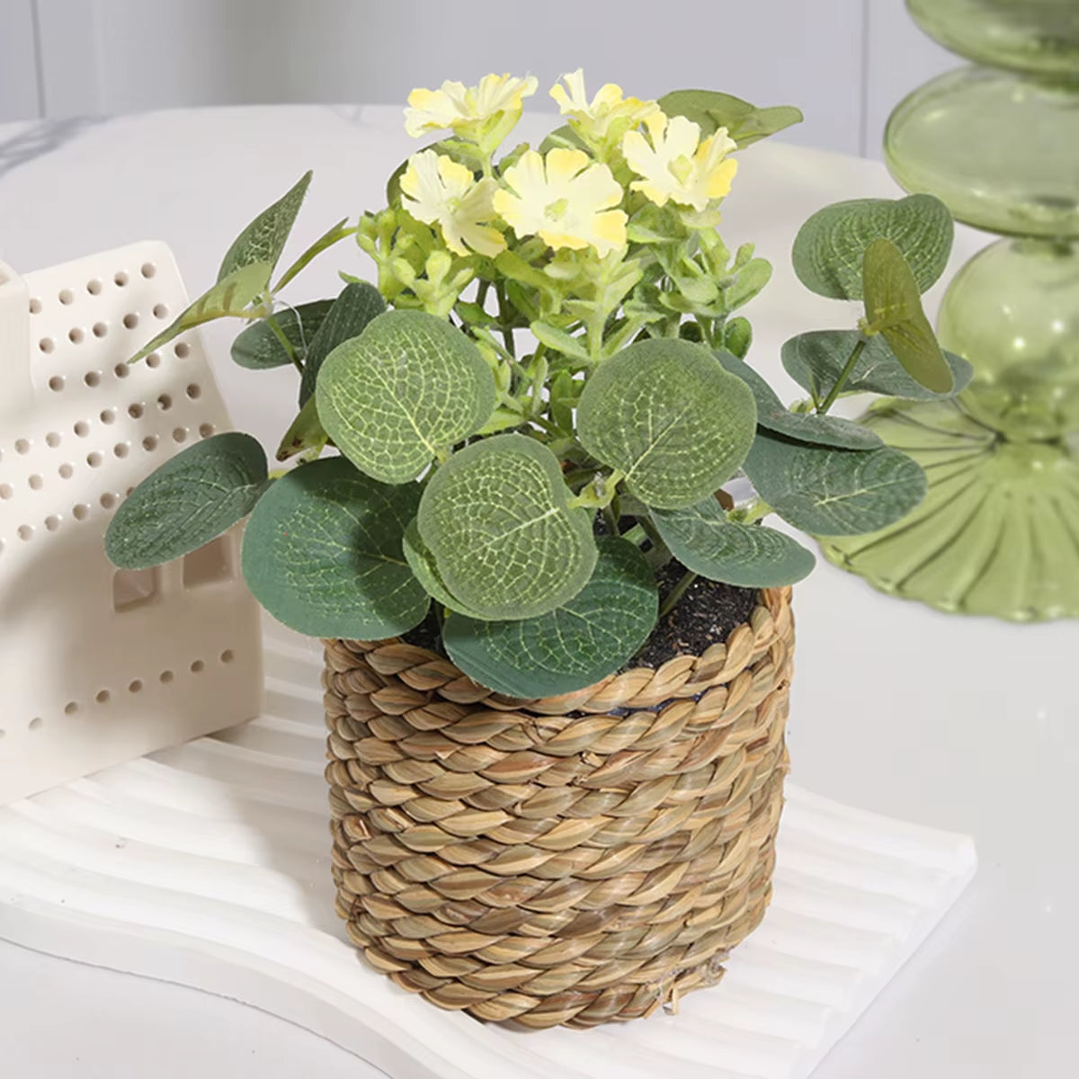 Green Artificial Plants Eucalyptus Flowers Woven Small Potted Plants Grass Mound 11Cm PE Material Home Decoration