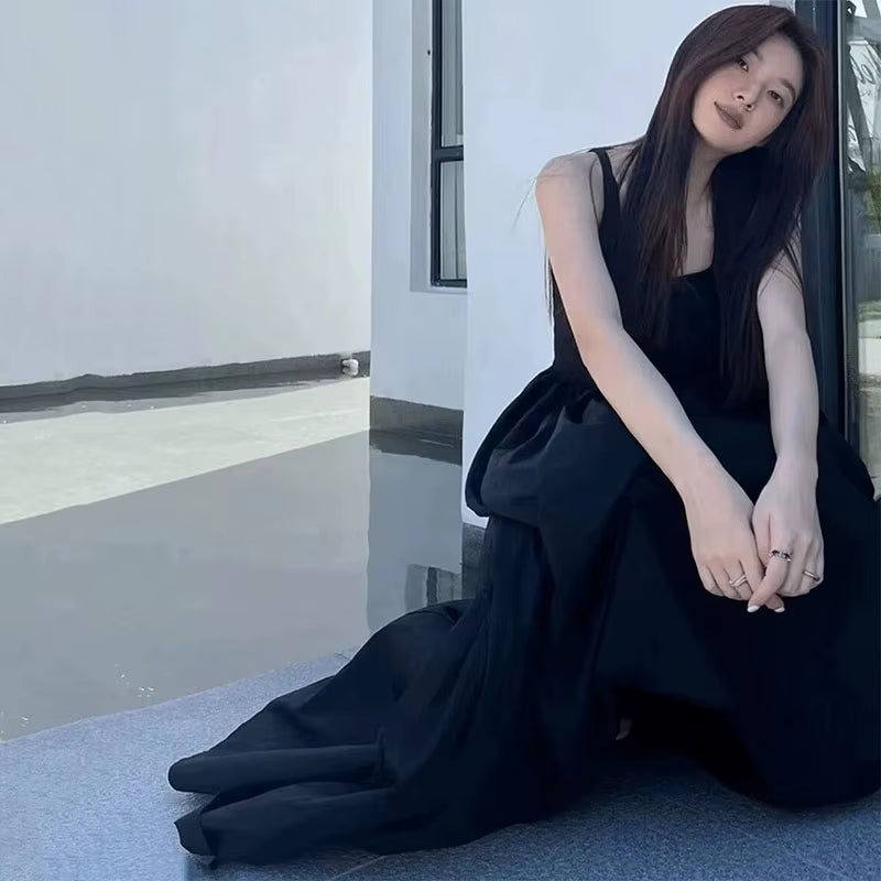Black Strapless Long Dress Women Fashion Slim Sleeveless O-Neck High Waist Dresses Female 2025 Spring Summer New Party Vestidos