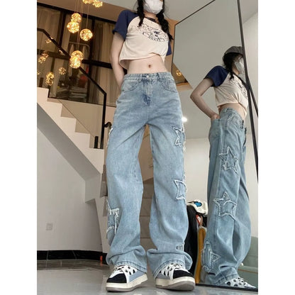 American Retro High Street Jeans Female Spring and Autumn New Design Embroidery High Waist Thin Wide Leg Trousers Tide