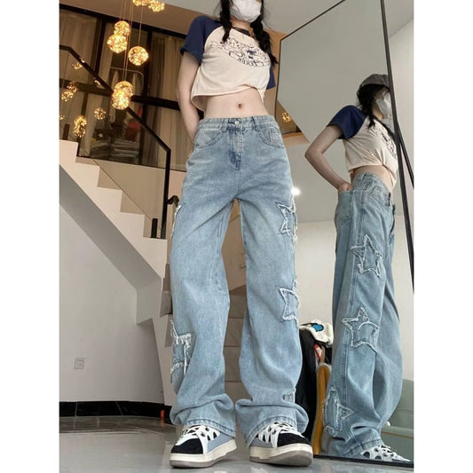 American Retro High Street Jeans Female Spring and Autumn New Design Embroidery High Waist Thin Wide Leg Trousers Tide