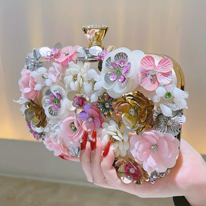 3D Beaded Elegant Evening Bag, Flower Box Clutch Purse for Women's Wedding Party Prom Beauty Fashion