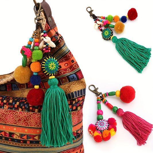 Boho Pom Pom Tassel Keychain Cute Mexican Key Ring Purse Bag Backpack Car Charm Earbud Case Accessory Women   Christmas Gift Beauty Fashion
