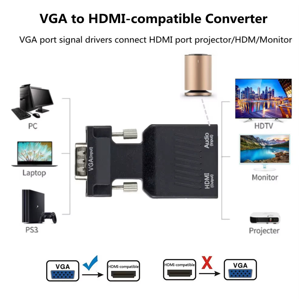 VGA to Hdmi-Compatible Adapter Converter 1080P HDMI to VGA Adapter for PC Laptop to HDTV Projector Video Audio Converter