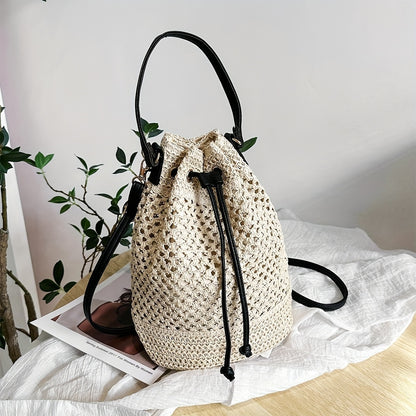 Simple Drawstring Straw Bucket Bag, All-Match Crossbody Bag, Lightweight Braided Shoulder Bag Beauty Fashion