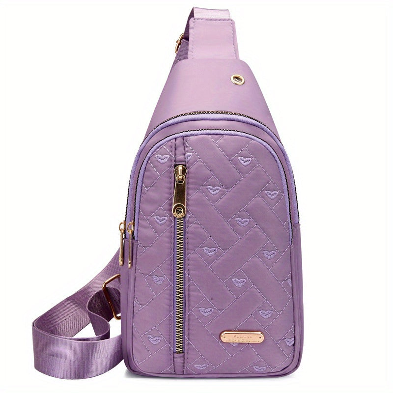 Stylish Embroidered Love Nylon Chest Bag - Water-Resistant, Adjustable Shoulder Strap, Multiple Pockets, Perfect for Outdoor Travel, Hiking, Camping, and Daily Use - Simple, Fashionable, and Practical Messenger Bag Beauty Fashion