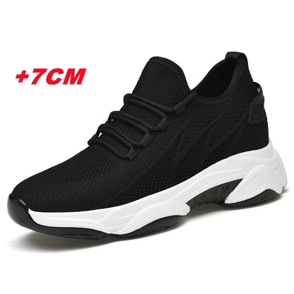 Summer Men Elevator Shoes Breathable Mesh Height Increase Sneakers Men Shoes Inner Length 7Cm Outdoor Leisure White Taller Shoes