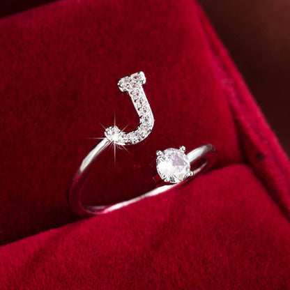 Fashionable 26 English Letters Four-Prong Synthetic Synthetic Zirconia Open Adjustment Ring Beauty Fashion