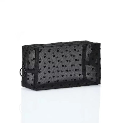 Nylon Mesh Cosmetic Bag Zipper Heart Shaped Toiletry Organizer Makeup Bags Multifunctional Women Lipstick Key Coin Purse Pouch