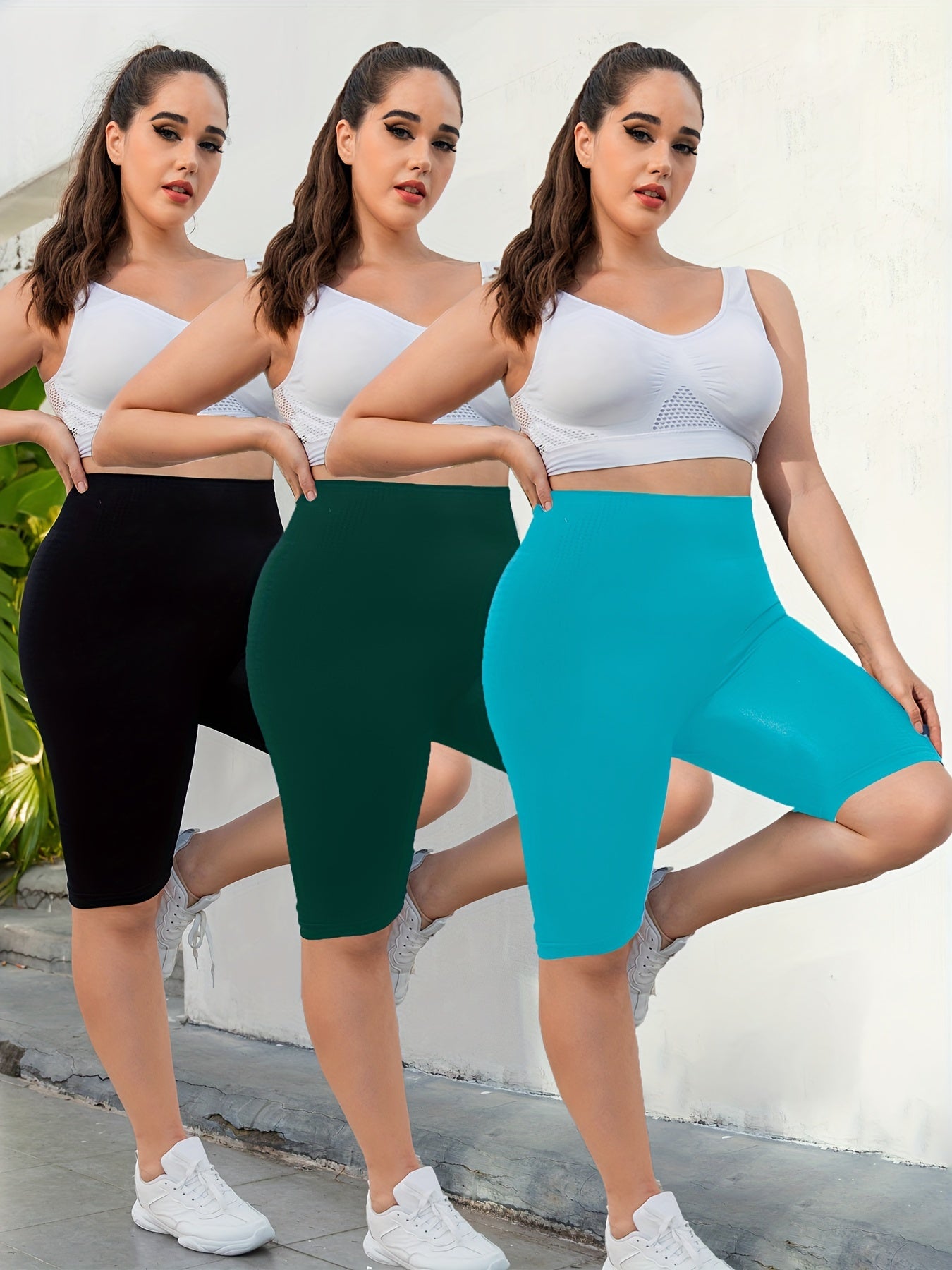 3-Pack Plus Size Yoga Shorts For Women, High Waist Peach Lift, Stretchy, Butt-lifting, High Elasticity, Fitness Activewear, Quick-Dry, Seamless Sport Shorts Set