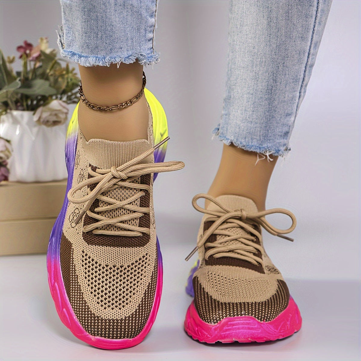Embroidered Fashion Sneakers Women's Breathable Lightweight Athletic Shoes - Low Top Lace-Up Fabric Sport Sneakers with Round Toe, All-Season EVA Sole - Taizhou Handmade Floral Running Shoes
