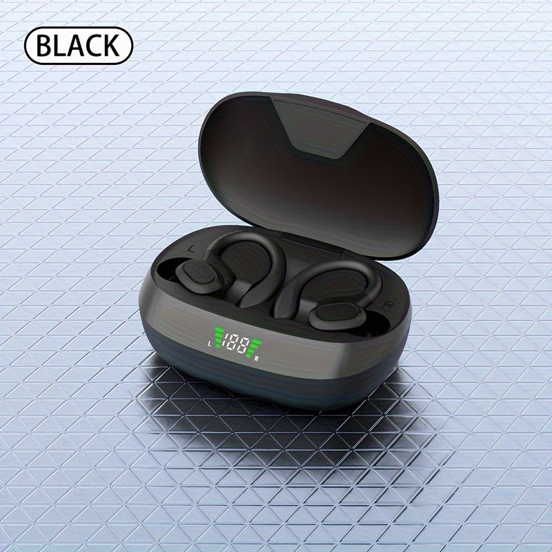 Wireless Earbuds, Open Ear 5.4 Headphones With Ear Hooks, Built-in Mic LED Display 24H Playtime Charging Case, For Running Fitness, Sport Over Earphones, Black
