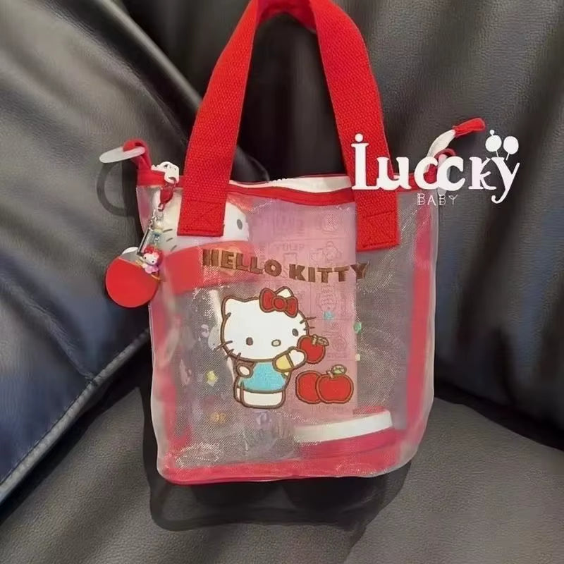 New Hello Kitty Mesh Tote Bag Cartoon Bento Bag Portable Large Capacity Hand-Held Crossbody Bag Outdoor Portable Bag