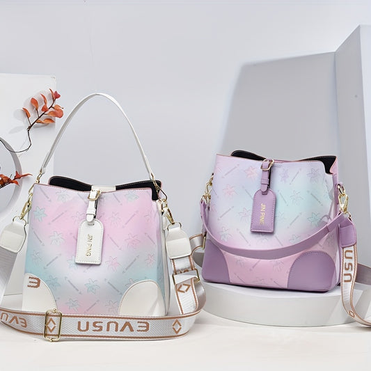 [Trendy Bucket Bag] Trendy Ombre Bucket Bag | Letter Print Handbag, Fashion Buckle Decor, Women's Every Day Purses Beauty Fashion