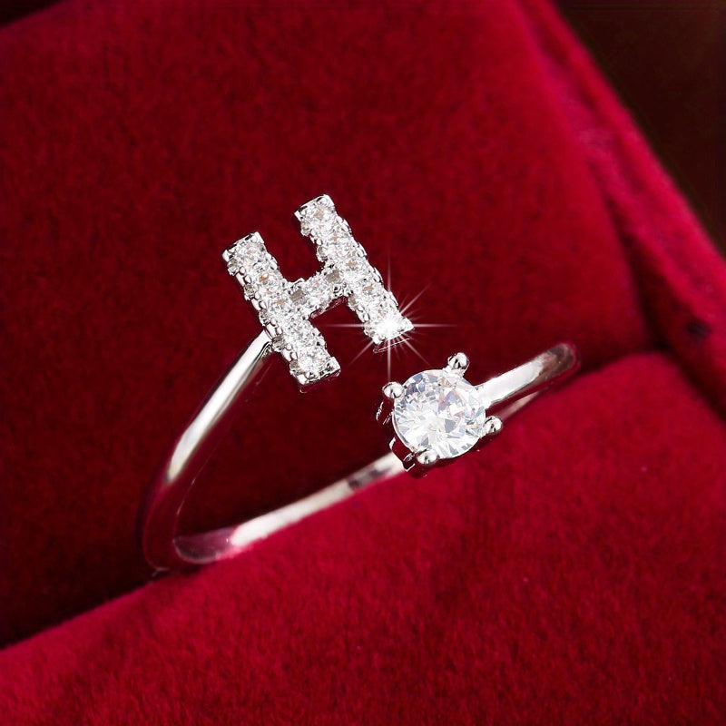 Fashionable 26 English Letters Four-Prong Synthetic Synthetic Zirconia Open Adjustment Ring Beauty Fashion