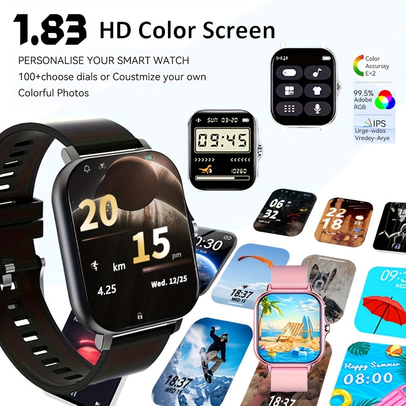 1.83-inch Full Touch Screen Smart Watch for Men And Women, USB Rechargeable, with Wireless Call And Message Reminder, Dual TPU Strap, Multi-sport Mode Outdoor Fitness Watch, Sports Recording Pedometer, Email Display, Activity