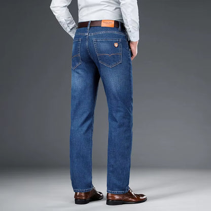 2024 Autumn Spring Fitted Straight Stretch Denim Jeans Classic Style Badge Youth Men'S Business Casual Jeans Trousers