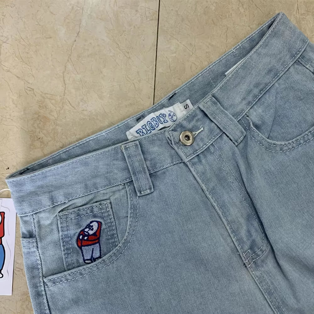 Embroidery Jeans Y2K Pants Streetwear Gothic Cartoon Blue Baggy Jeans Retro Punk Rock High Waist Denim Trousers