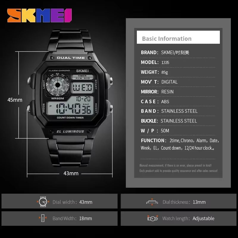 1335 Digital Watch for Men Retro Sports Waterproof Chrono Electronic Mens Wristwatches Stainless Steel Clock Reloj Hombre