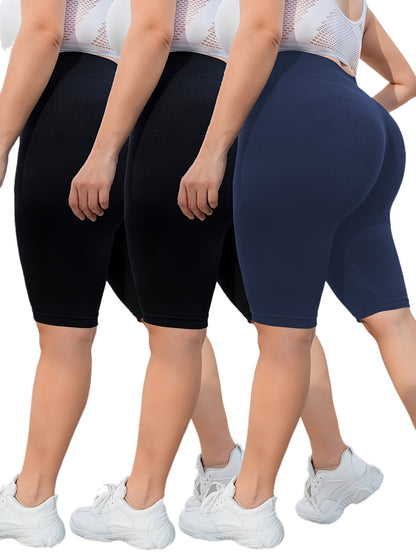 3-Pack Plus Size Yoga Shorts For Women, High Waist Peach Lift, Stretchy, Butt-lifting, High Elasticity, Fitness Activewear, Quick-Dry, Seamless Sport Shorts Set