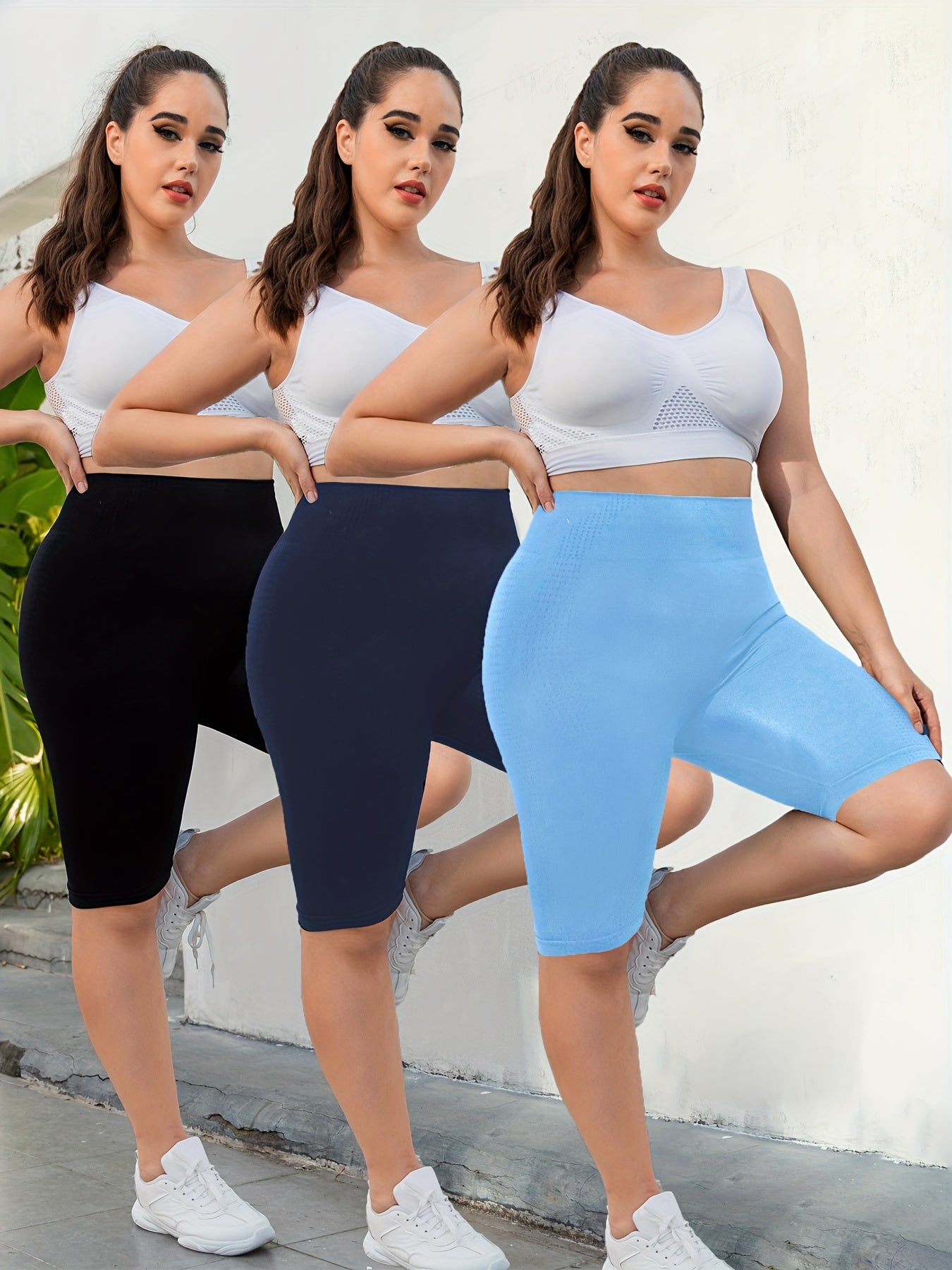 3-Pack Plus Size Yoga Shorts For Women, High Waist Peach Lift, Stretchy, Butt-lifting, High Elasticity, Fitness Activewear, Quick-Dry, Seamless Sport Shorts Set