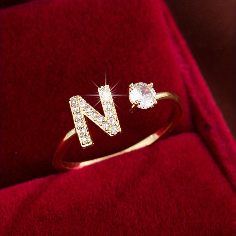 Fashionable 26 English Letters Four-Prong Synthetic Synthetic Zirconia Open Adjustment Ring Beauty Fashion