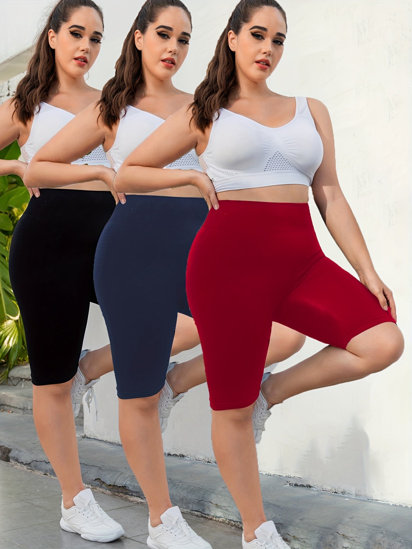 3-Pack Plus Size Yoga Shorts For Women, High Waist Peach Lift, Stretchy, Butt-lifting, High Elasticity, Fitness Activewear, Quick-Dry, Seamless Sport Shorts Set