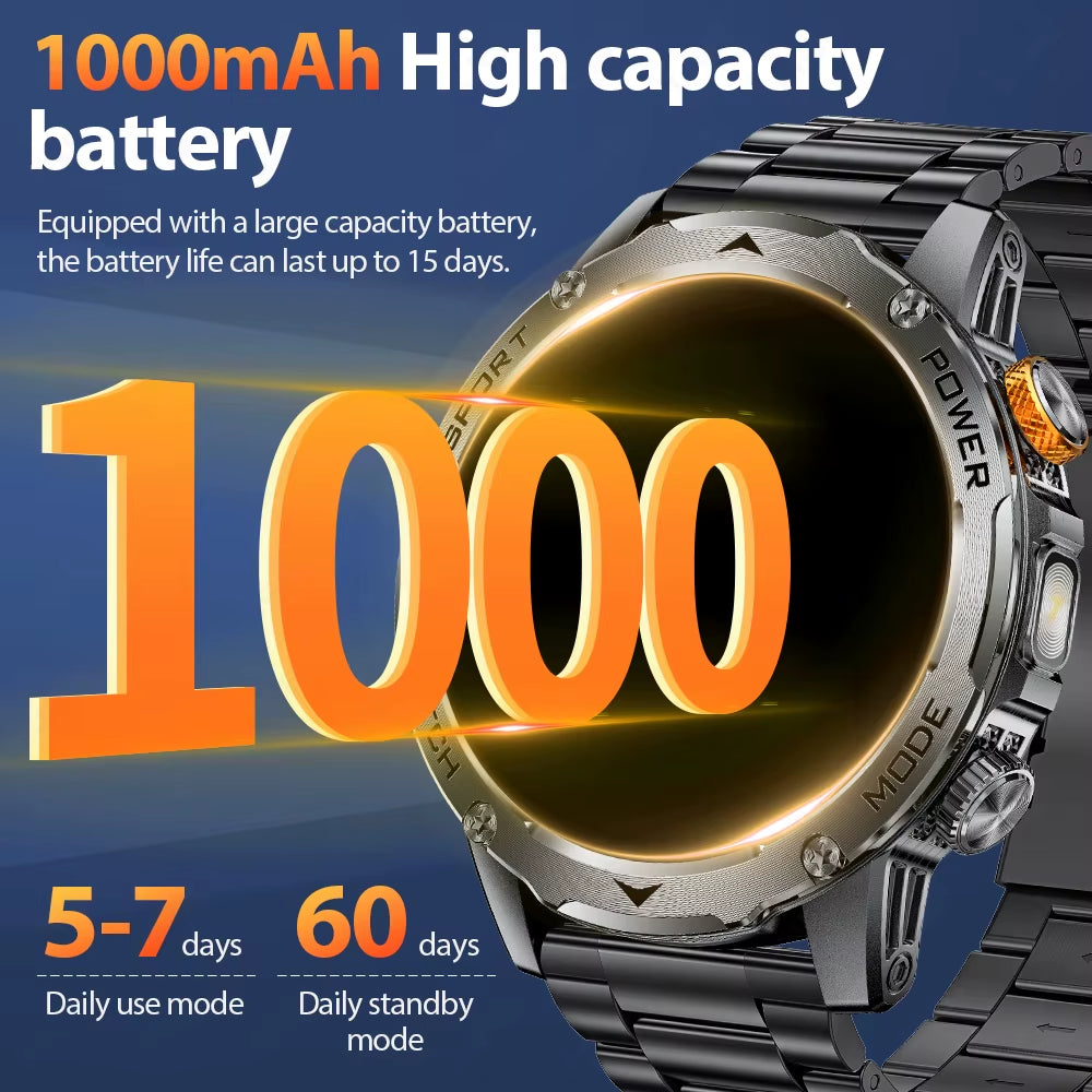 Military Smart Watch Men 1000Mah Battery Outdoors LED Flashlight Waterproof Heart Rate Sport BT Call 1.7" AMOLED Smartwatch