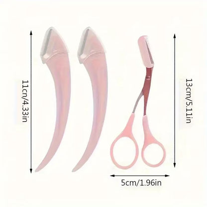 3-Piece Eyebrow Trimmer Set, Scissors and Comb, Stainless Steel Shaver, Eyelash Beginner Makeup Tool, Removal Accessories