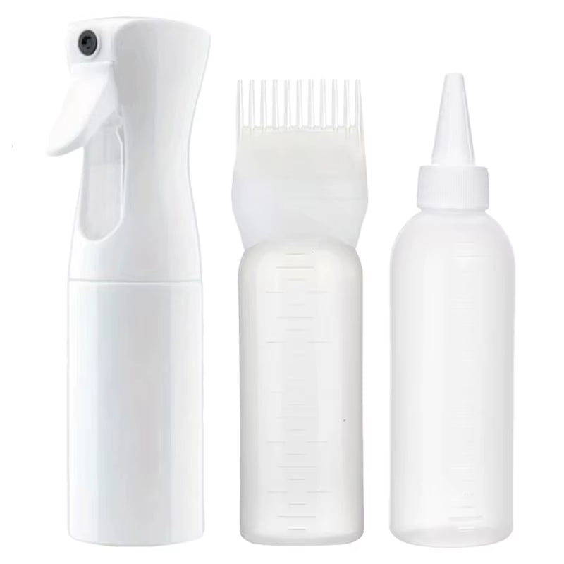 3-Pcs Plastic Refillable Continuous Spray Bottles, Root Comb Applicator Bottle & Squeeze Bottle Set Dye Hair Oil Applicator