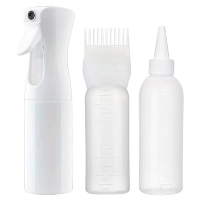 3-Pcs Plastic Refillable Continuous Spray Bottles, Root Comb Applicator Bottle & Squeeze Bottle Set Dye Hair Oil Applicator