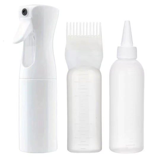 3-Pcs Plastic Refillable Continuous Spray Bottles, Root Comb Applicator Bottle & Squeeze Bottle Set Dye Hair Oil Applicator