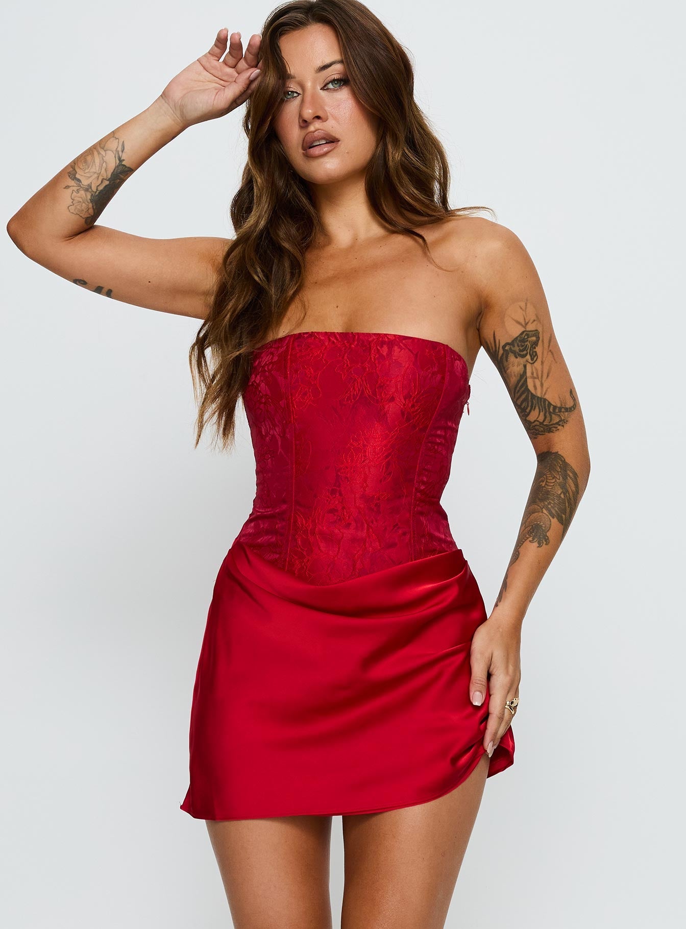 Jenevieve Strapless Drape Mini Dress Red Princess Polly