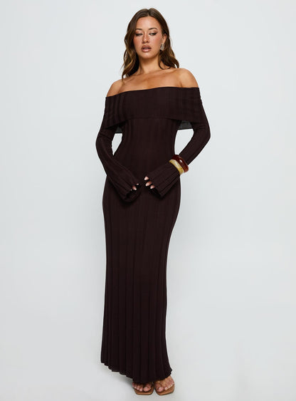 Ellouisa Long Sleeve Rib Maxi Dress Chocolate Princess Polly