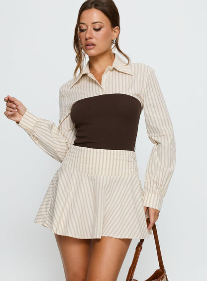 Belva Long Sleeve Corset Shirt Mini Dress Brown Stripe Princess Polly