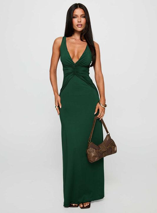Frederica Plunge Maxi Dress Forest Green Princess Polly