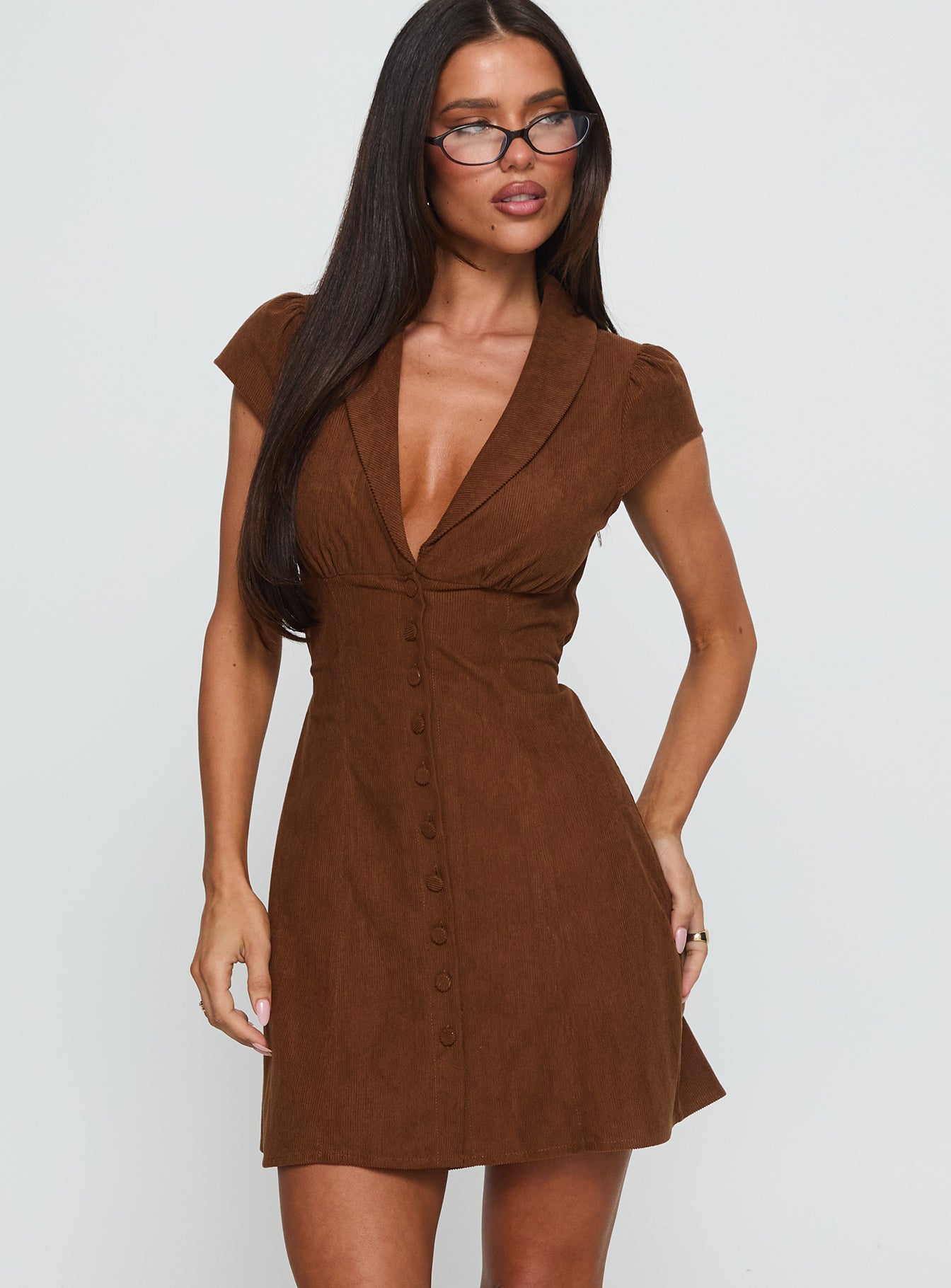 Magdalene Corduroy Button Down Mini Dress Chocolate Princess Polly