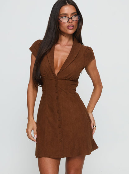 Magdalene Corduroy Button Down Mini Dress Chocolate Princess Polly