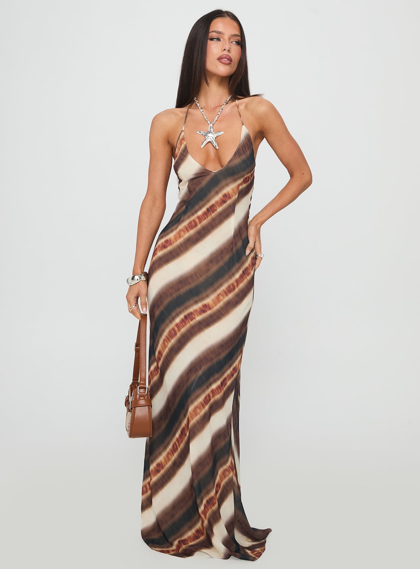 Esmira Halter Maxi Dress Brown Stripe Princess Polly