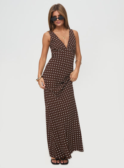 Nellie Maxi Dress Brown Polka Dot Princess Polly