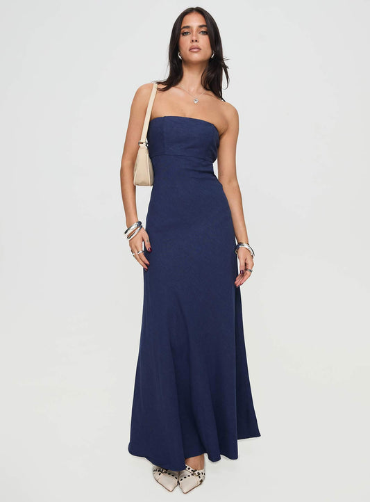 Yahir Strapless Maxi Dress Navy Princess Polly