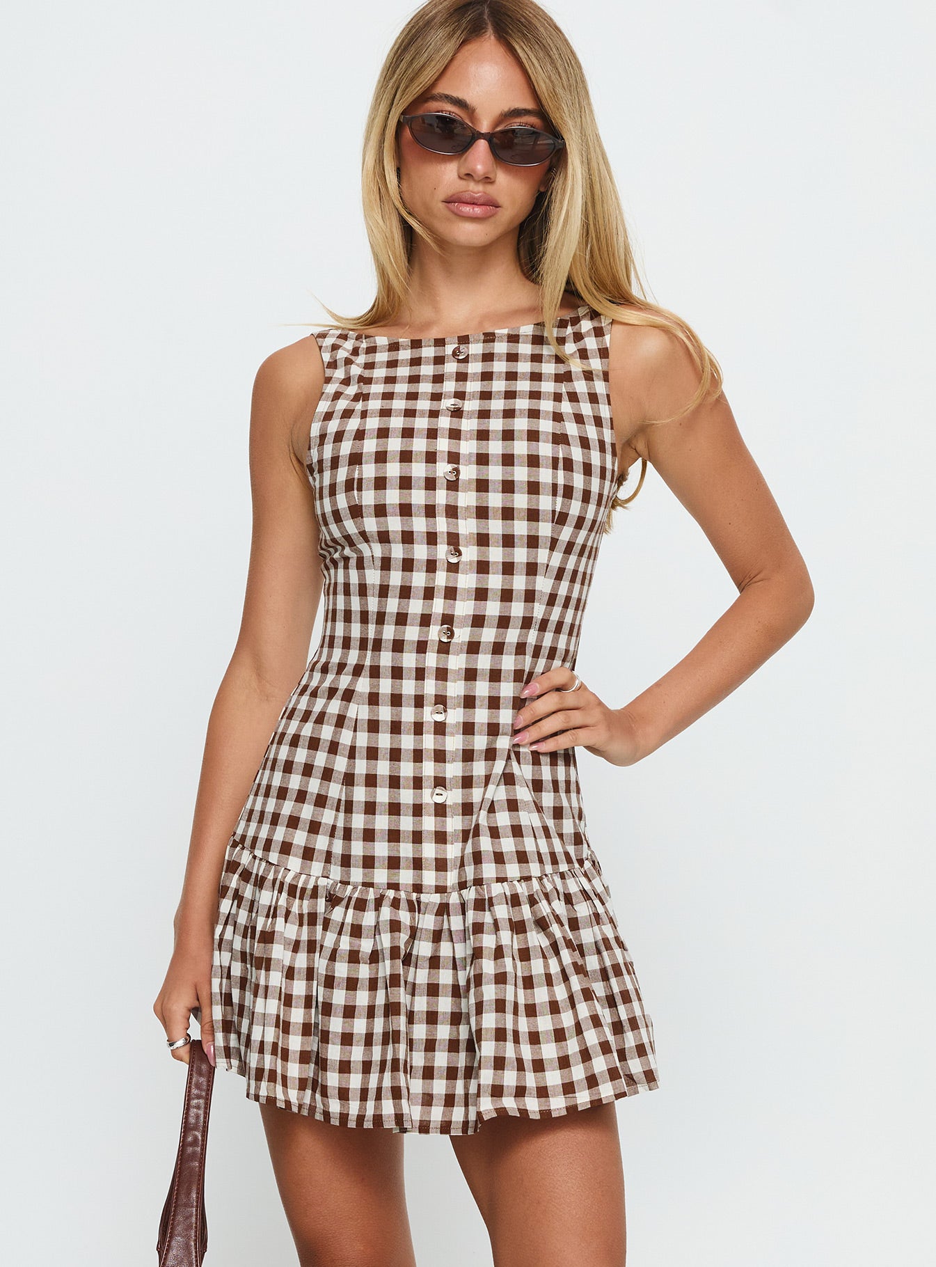 Kolbie Boat Neck Frill Mini Dress Brown Gingham Princess Polly