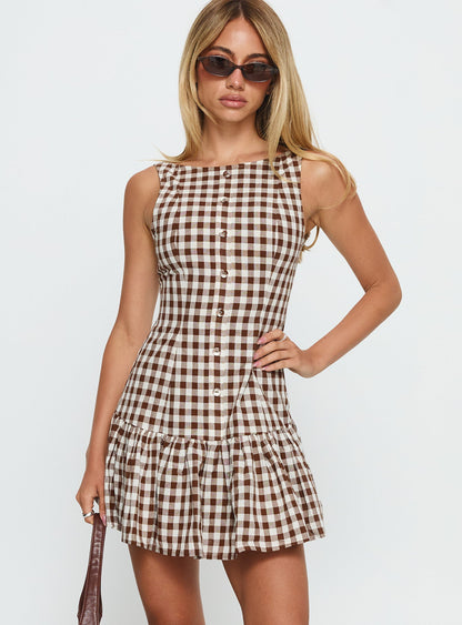 Kolbie Boat Neck Frill Mini Dress Brown Gingham Princess Polly