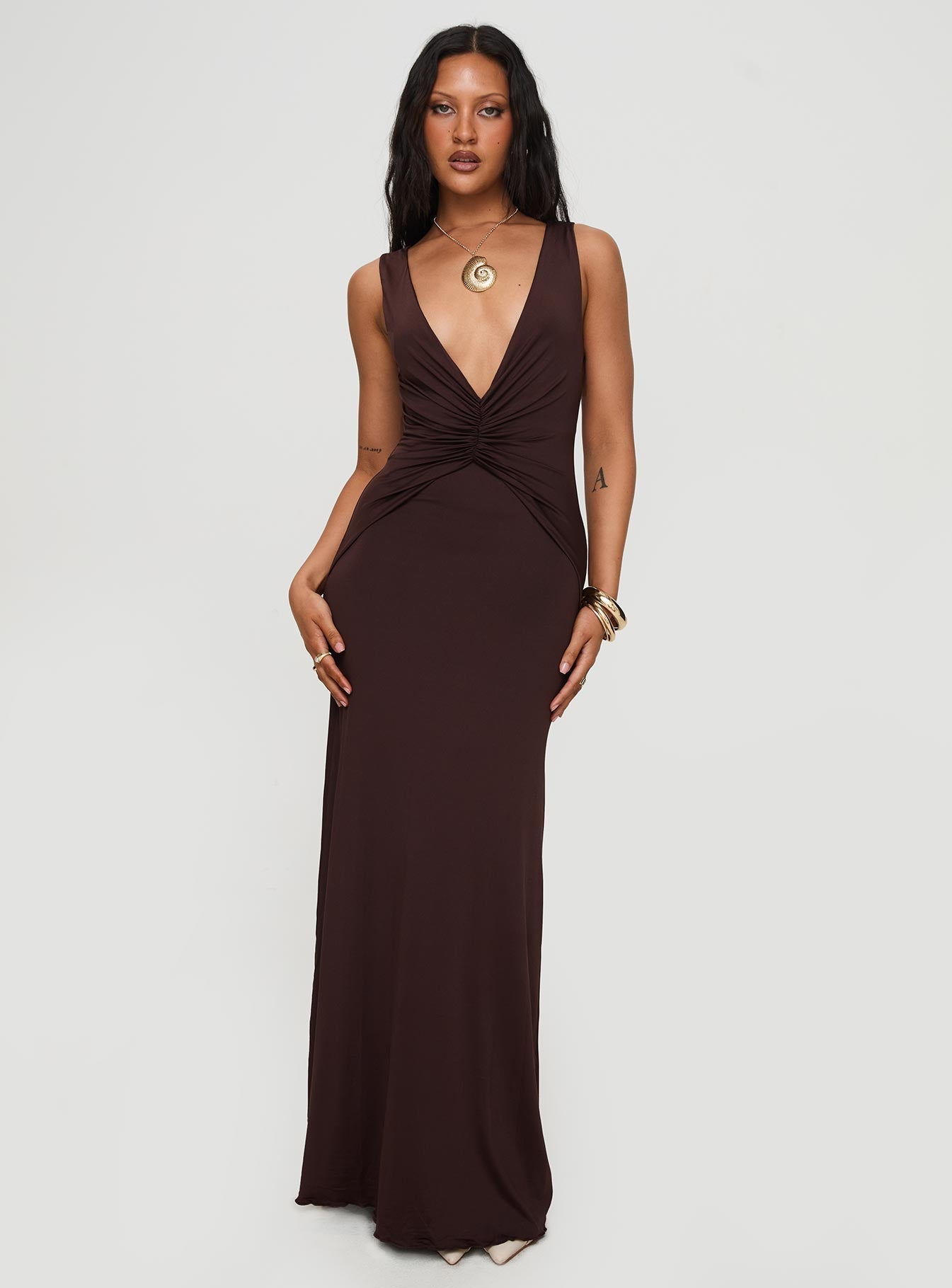 Frederica Plunge Maxi Dress Chocolate Princess Polly