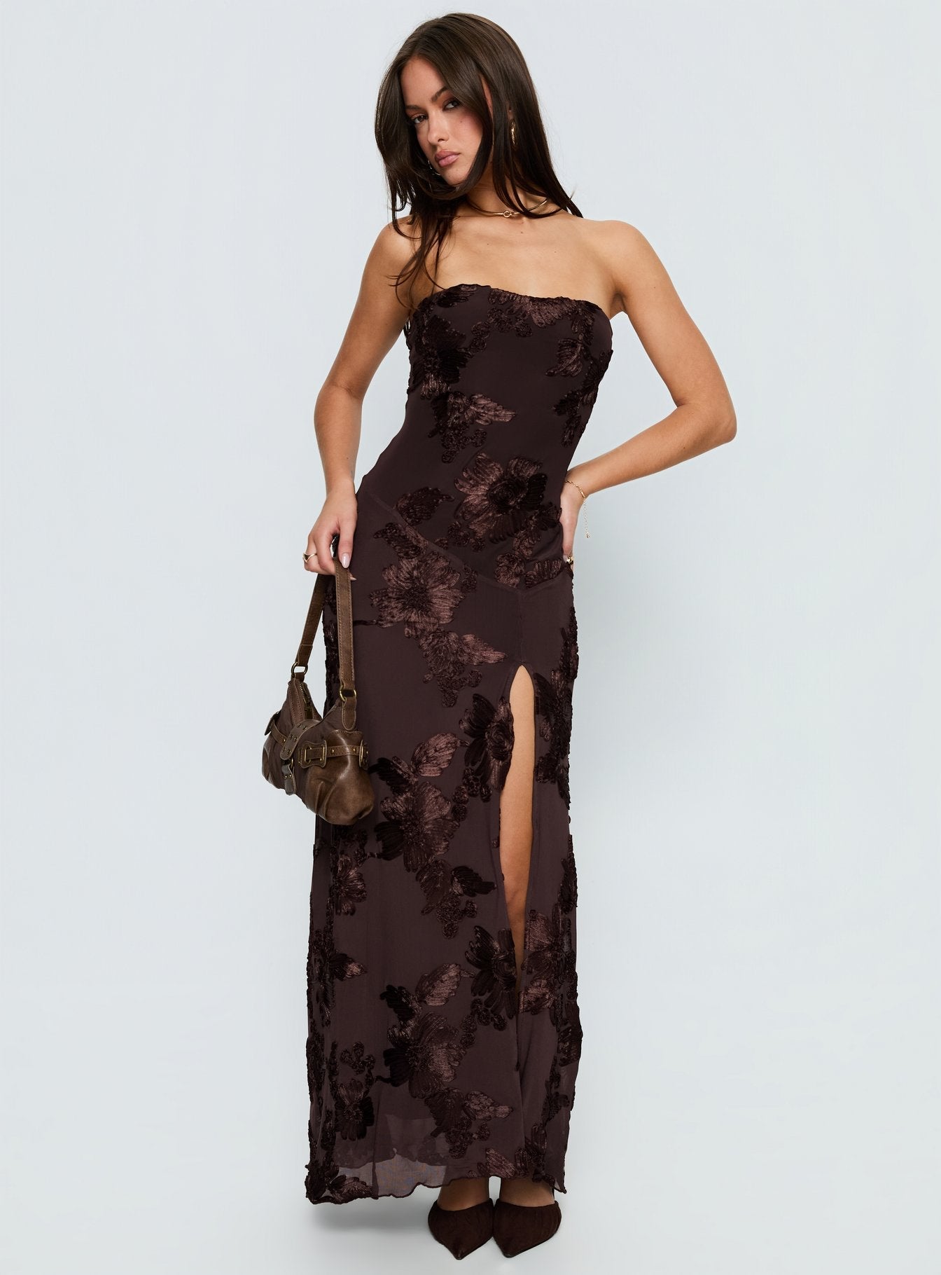 Maribeth Strapless Floral Maxi Dress Chocolate Brown Princess Polly